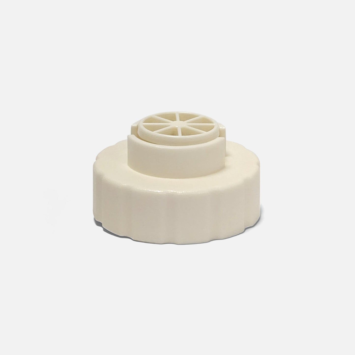 The Fridja f1200 Water Tank Cap is a white, round replacement cap featuring a ridged edge and vented, wheel-like top, designed for the f1200 steamer. Photographed on a plain light gray background.