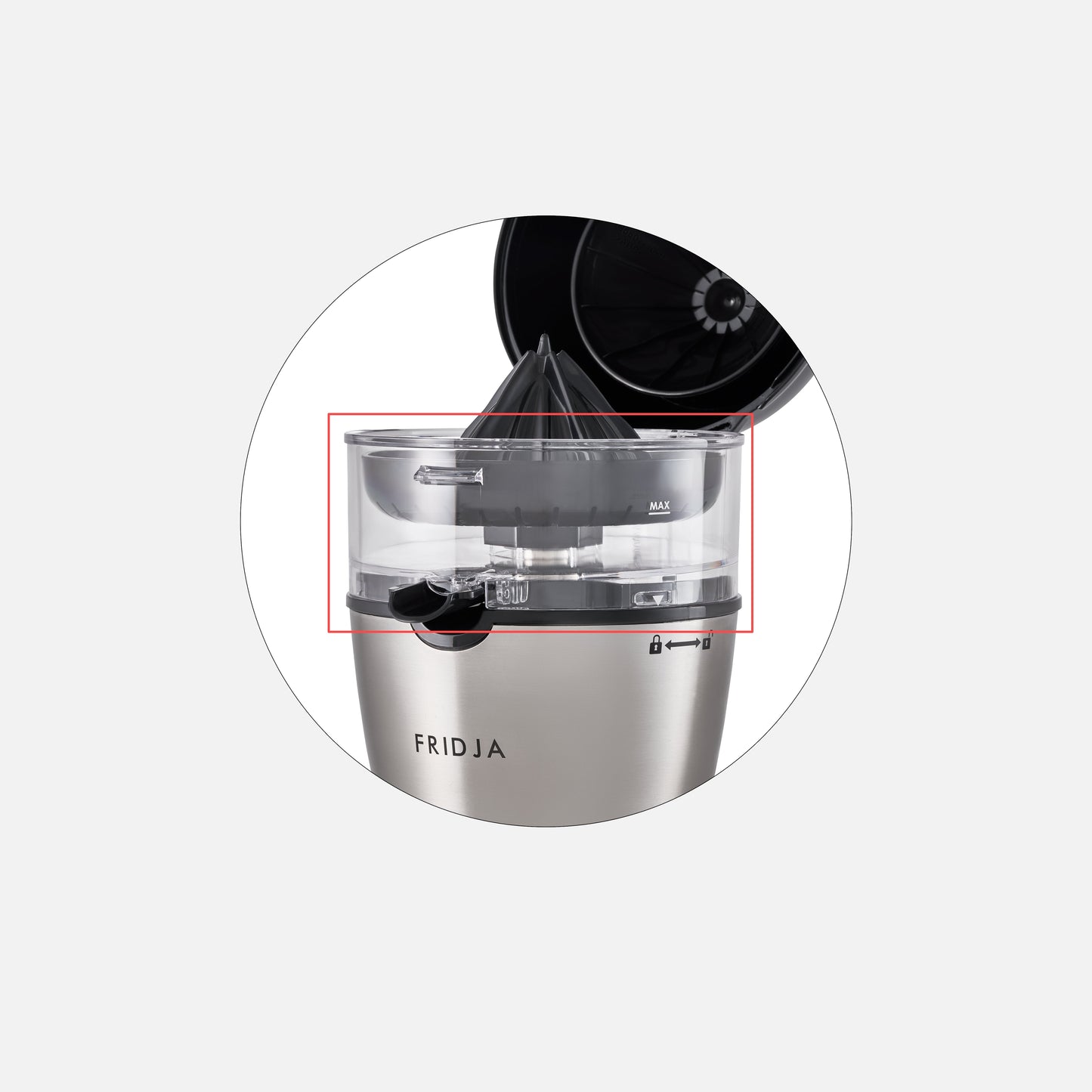A transparent Tritan water tank for the Fridja f900 Bowl sits on a white surface, filled to the MAX line, with black cables partially visible in the background.