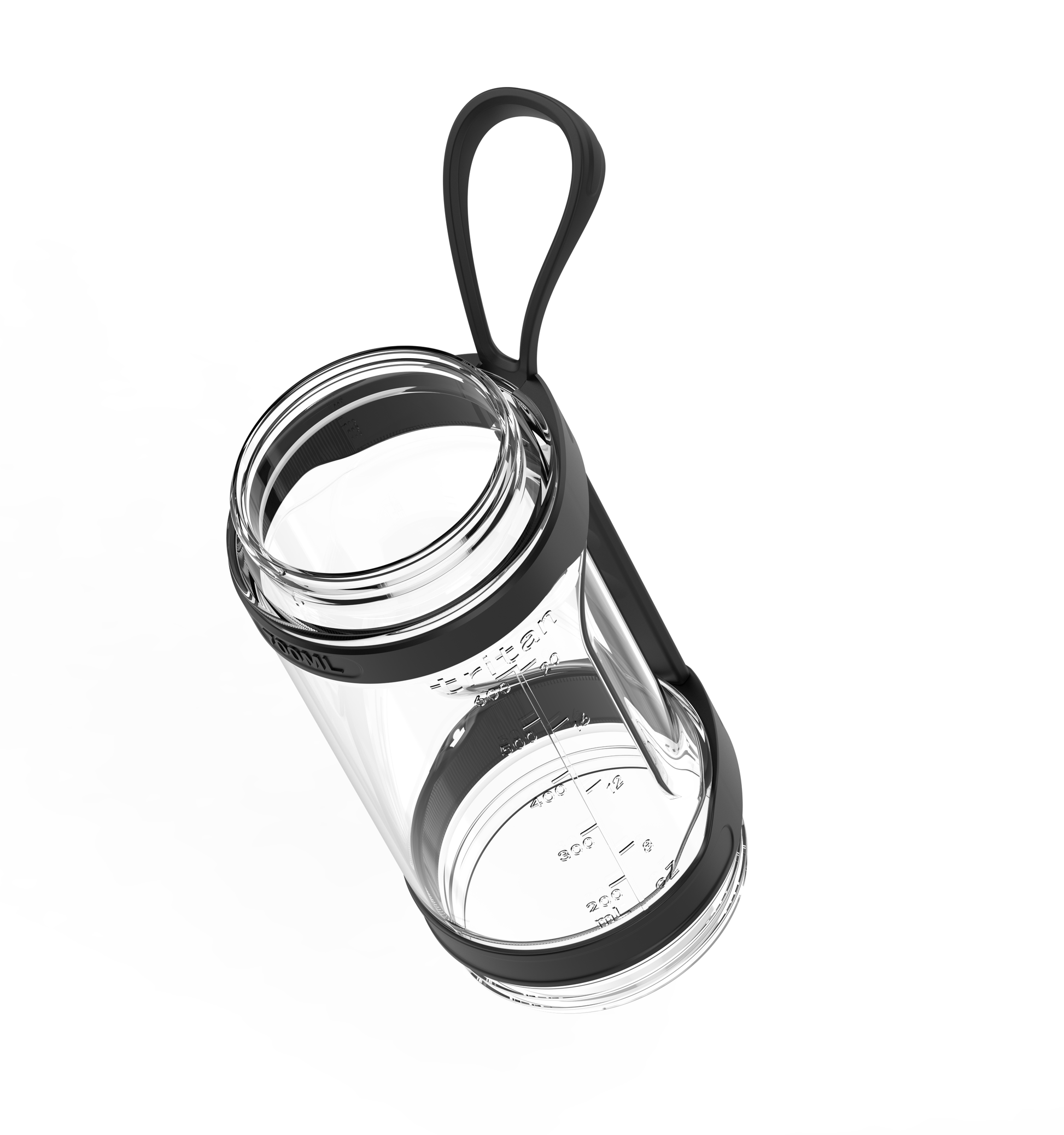 The Fridja f500 Jar/Bottle, a clear glass container with measurement markings and a black silicone sleeve with a loop handle, is shown tilted against a plain white background. It’s compatible as a replacement part for the Fridja f500 Portable Blender.