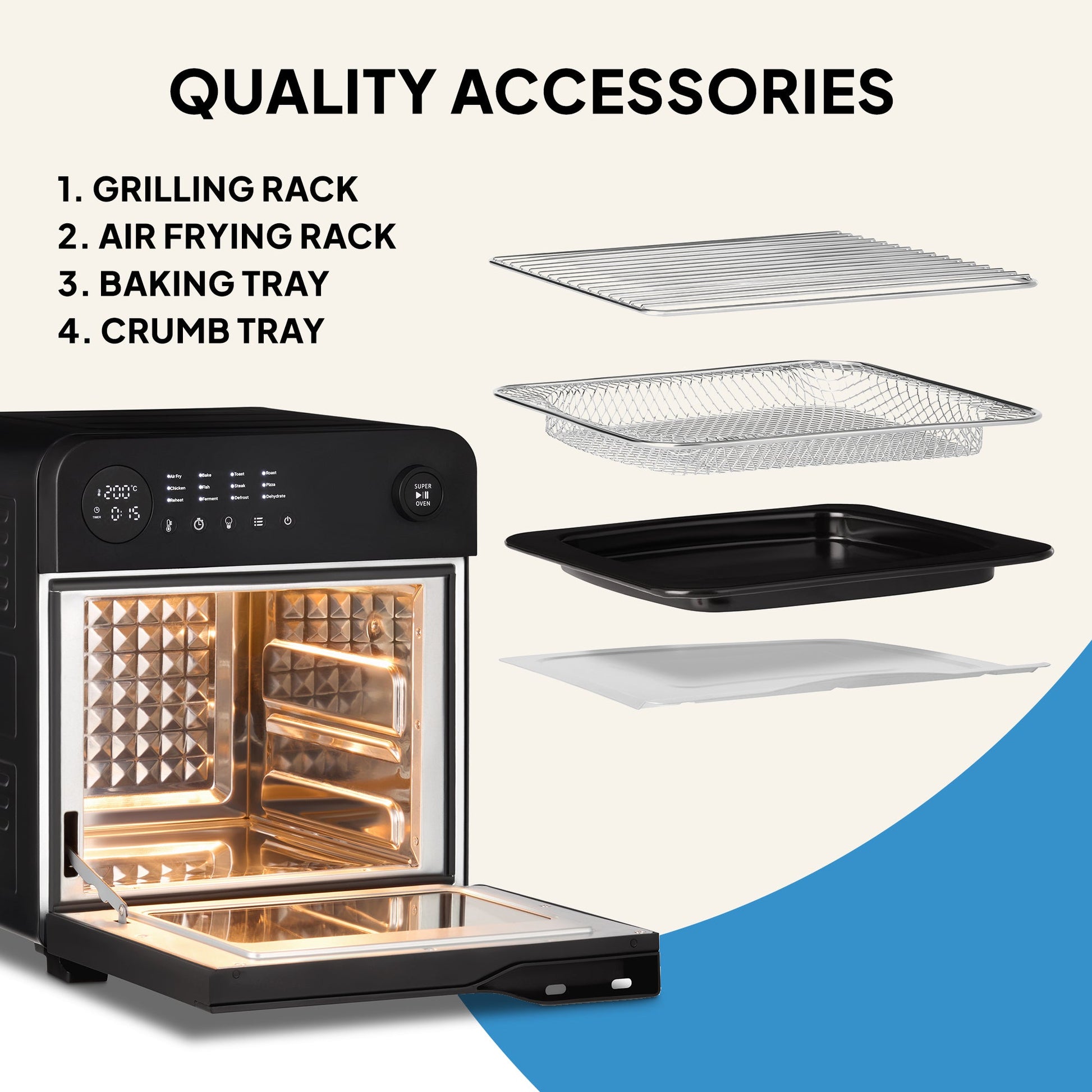 The Fridja f66 Super Oven - 15L Digital Air Fryer Oven is shown in black with its door open alongside four labeled, PFAS-free accessories: grilling rack, air frying rack, baking tray, and crumb tray—each displayed separately.