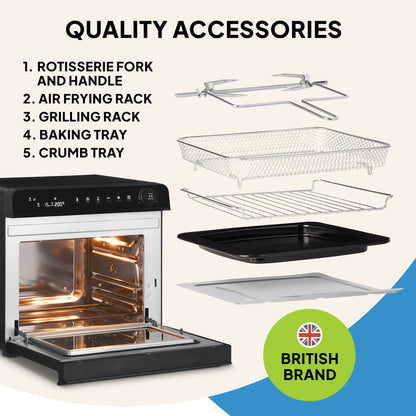 The Fridja f77 Super Oven Pro - 30L Digital Air Fryer Oven is shown open with labeled rotisserie fork and handle, air frying rack, grilling rack, baking tray, and crumb tray. PFAS free. British Brand badge with UK flag at bottom right.