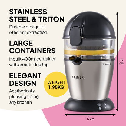 The Fridja Citrus & Juice Duo – f900 Automatic Citrus Juicer & f1900 Cold Press Juicer features a stainless steel and black finish, 400ml transparent container, anti-drip tap, cold-press tech, compact 32cm x 17cm size, and weighs just 1.95kg.