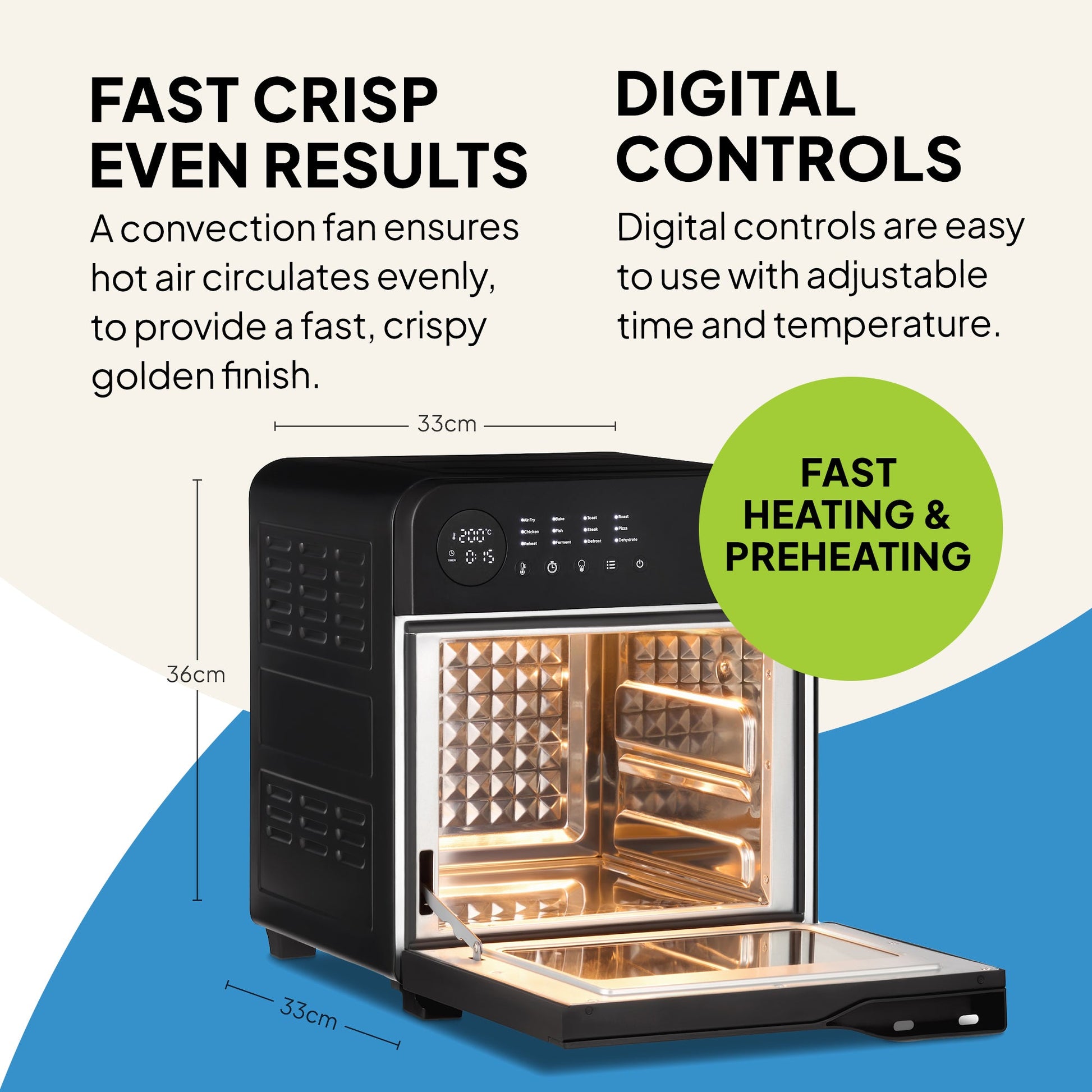 The Fridja f66 Super Oven is a 15L black digital air fryer oven with a lit, diamond-patterned interior. Enjoy fast, crispy convection cooking, easy digital controls, even heating, and PFAS-free materials. Size: 36x33x33 cm.