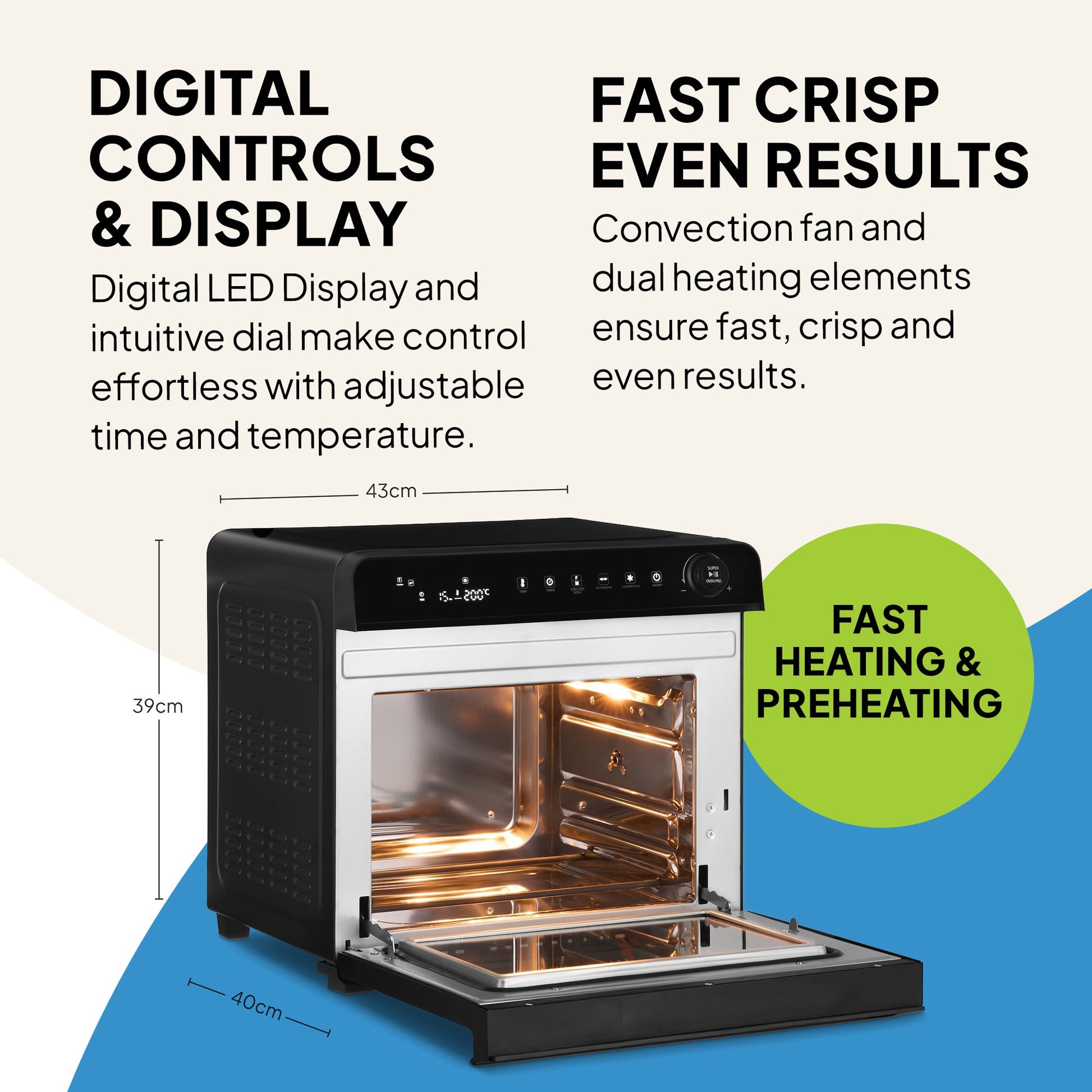 The Fridja f77 Super Oven Pro is a black 30L digital air fryer oven with an LED display, showcasing interior heating elements. Features include digital controls, fast heating, preheating, PFAS-free materials. Size: 43cm(W) x 39cm(H) x 40cm(D).