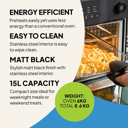 The Fridja f66 Super Oven - 15L Digital Air Fryer Oven features a PFAS-free stainless steel interior, energy-efficient convection cooking, stylish matt black finish, spacious 15L capacity, and lightweight design—perfect for healthy fries and more.