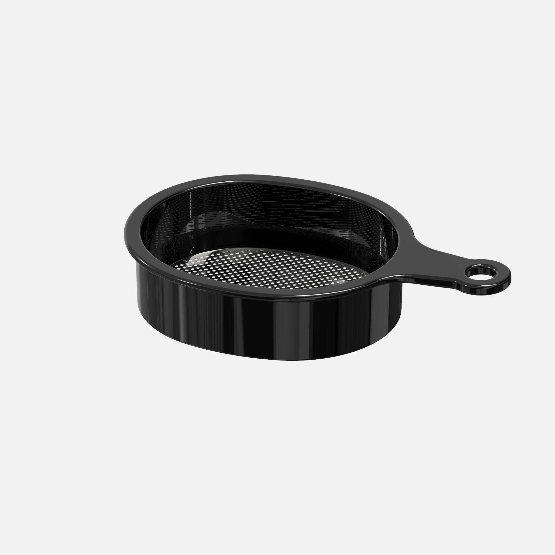 The Fridja f2500 Pulp Sieve Filter is a black, round plastic mesh juice strainer with a handle and hanging hole—perfect for filtering pulp during juicing, shown on a plain white background.