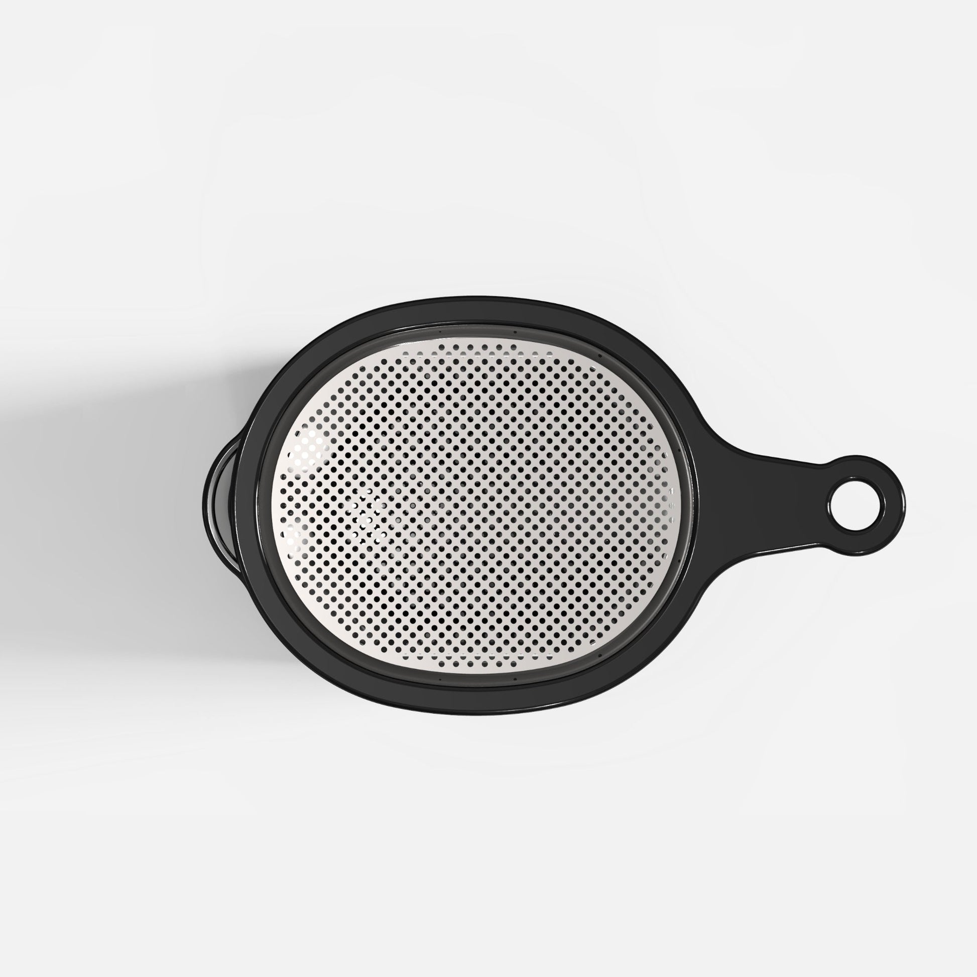 The Fridja f2500 Pulp Sieve Filter is a metal juice strainer with a black handle and fine mesh, shown from above on a white background. Its handle includes a hole for convenient hanging, making it an ideal juicing accessory.