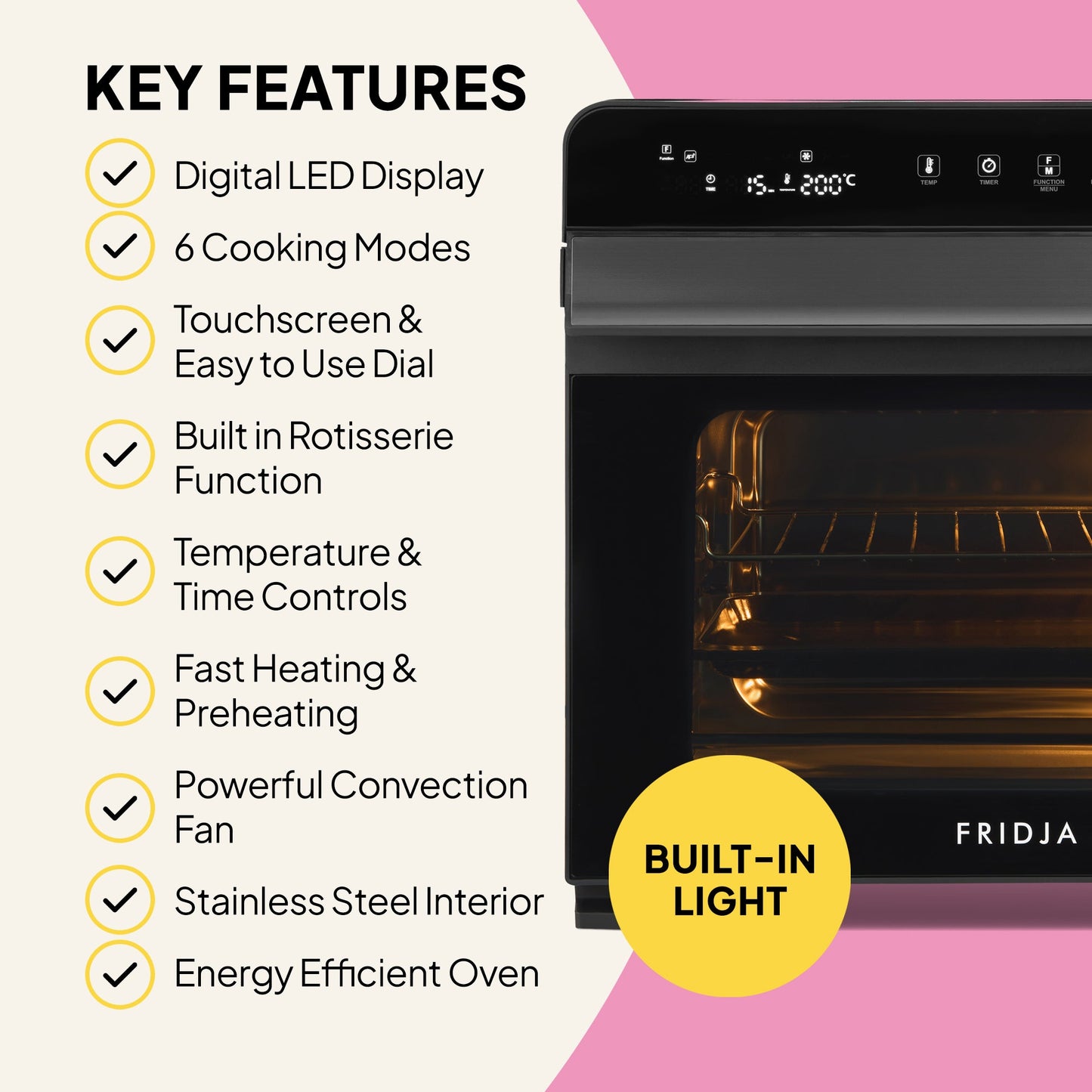 A promo image for the Fridja f77 Super Oven Pro 30L Digital Air Fryer Oven highlights its digital LED display, touchscreen dial, 6 cooking modes, rotisserie function, PFAS-free interior, fast heating, convection fan, and energy efficiency.