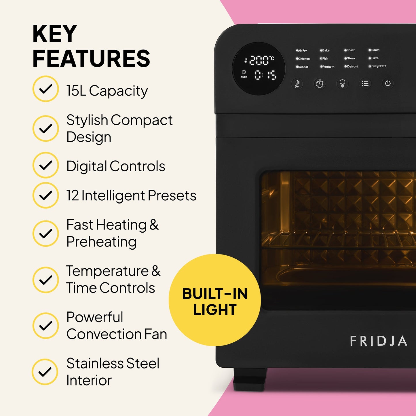 The Fridja f66 Super Oven, a black 15L digital air fryer oven, is shown alongside key features like convection cooking, 12 presets, PFAS-free design, stainless steel interior, digital temperature controls, and a built-in light.