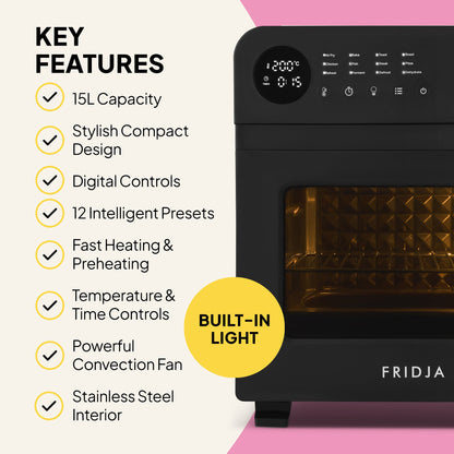 The Fridja f66 Super Oven, a black 15L digital air fryer oven, is shown alongside key features like convection cooking, 12 presets, PFAS-free design, stainless steel interior, digital temperature controls, and a built-in light.