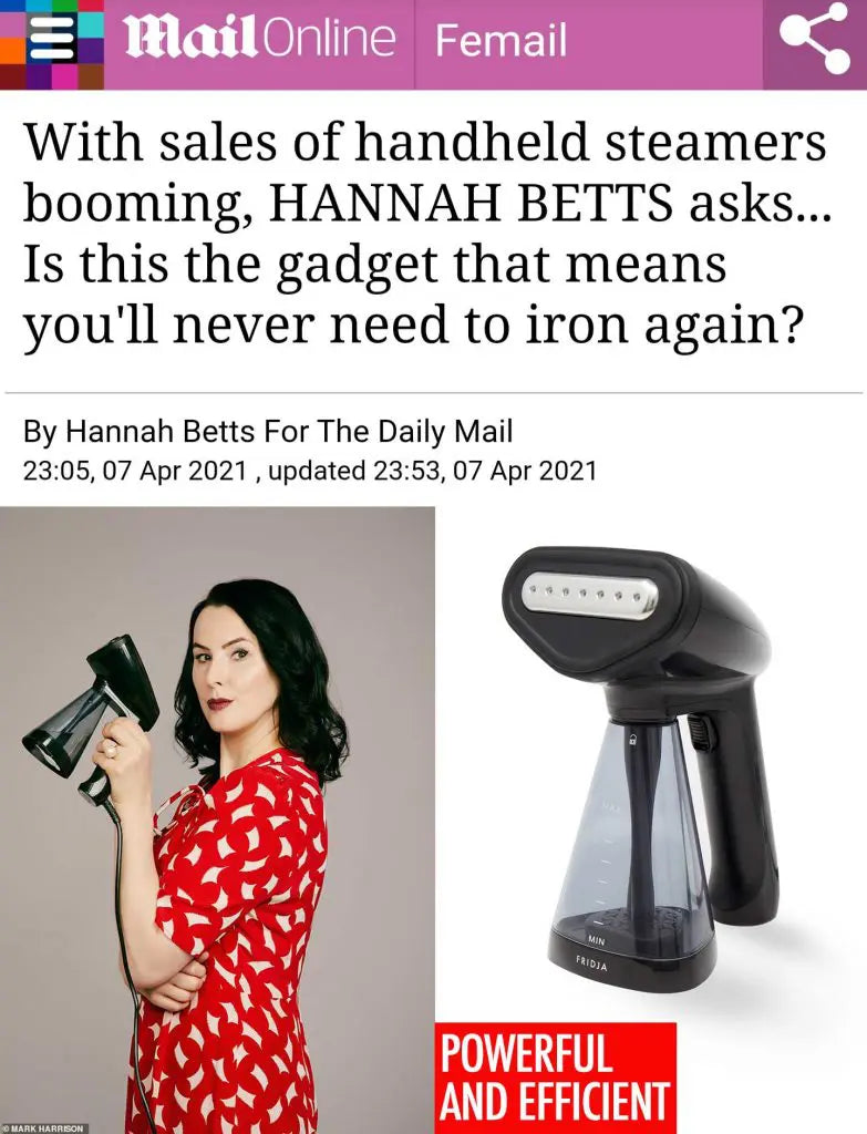 A woman in a red patterned dress holds a handheld steamer, aiming it upwards. Next to her is a close-up image of the steamer with the words “Powerful and Efficient” written below.