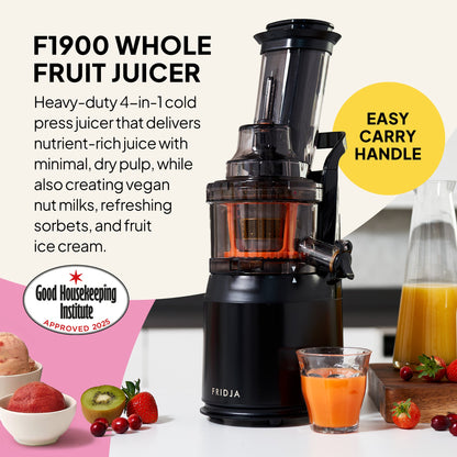 A black Fridja Kitchen Trio – f500 Portable Blender, f800 Citrus Juicer & f1900 Cold Press Juicer sits on a counter with juice and fruit. Text highlights nutrient-rich juice, an easy-carry handle, and a Good Housekeeping Institute award.