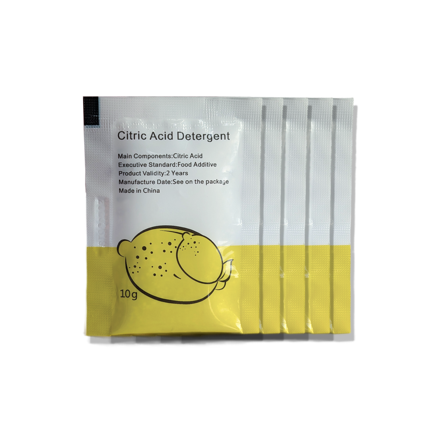 Five sachets of Fridja Clothes Steamer Descaling Crystals in a yellow and white pack with a lemon illustration. Ideal for limescale removal and steamer maintenance, with product details and ingredients listed in English.