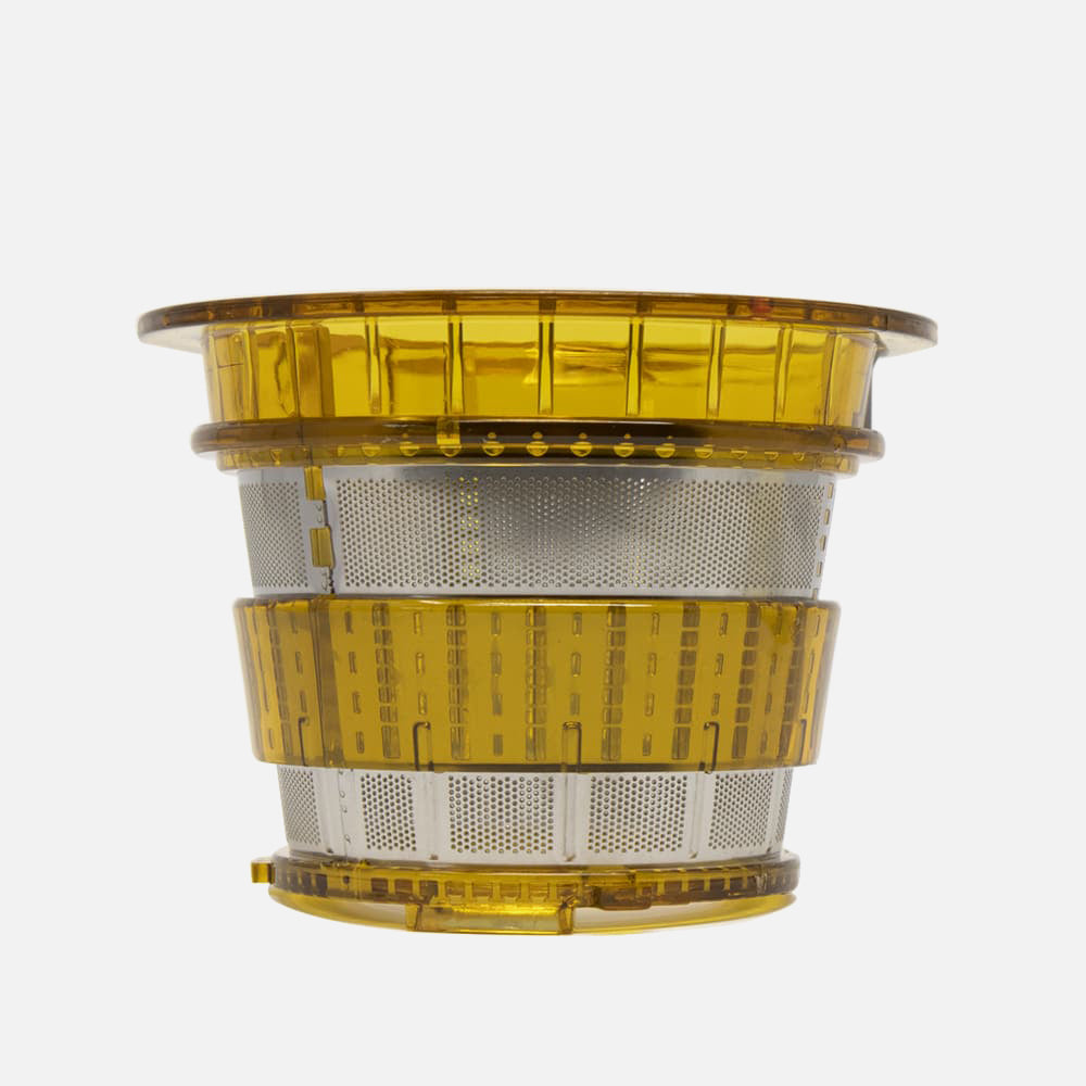 A close-up of the Fridja f1900 Juice Strainer and Auger, featuring a yellow-tinted plastic and metal fine mesh filter basket, set against a plain white background.