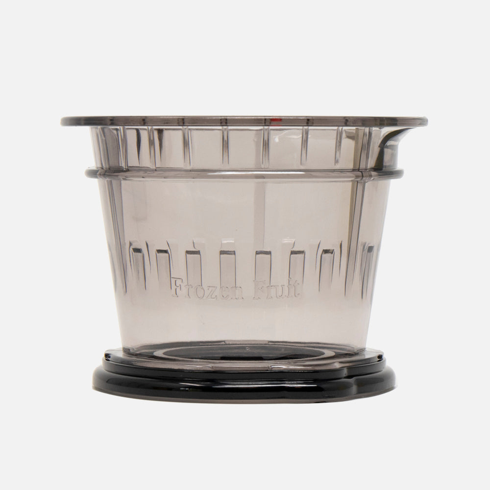The Fridja f1900 Fruit Ice Cream Filter is a transparent plastic container with a black base, embossed with Frozen Fruit. Ideal for making healthy treats in fruit dessert machines. Displayed on a plain white background.