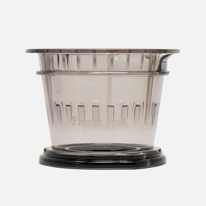 The Fridja f1900 Fruit Ice Cream Filter is a transparent plastic container with a black base, embossed with Frozen Fruit. Ideal for making healthy treats in fruit dessert machines. Displayed on a plain white background.