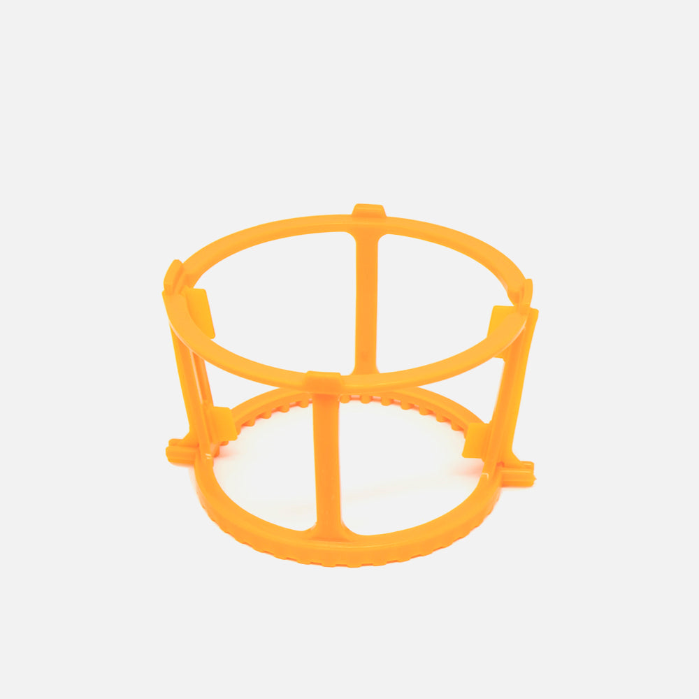 The Fridja f1900 Rotating Wiper features a bright orange, cylindrical plastic holder with open sides and vertical supports, designed to boost juicer efficiency, displayed on a plain white background.