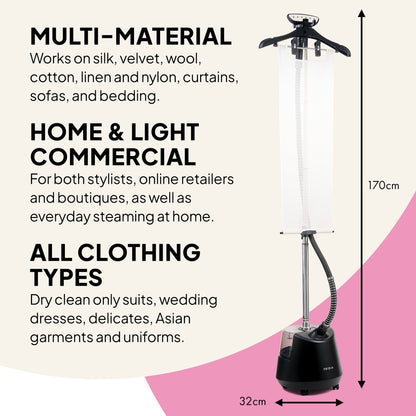The Fridja Garment Care Pro Duo – f1200 Clothes Steamer Pro & f40 Fabric Shaver (170 cm tall, 32 cm wide with hanger) is shown on a white and pink background, ideal for multi-material garment care at home or in commercial settings.