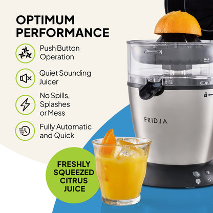 The Fridja Citrus & Juice Duo – f900 Automatic Citrus Juicer & f1900 Cold Press Juicer offers push-button, quiet, spill-free operation for fresh citrus juice every time.