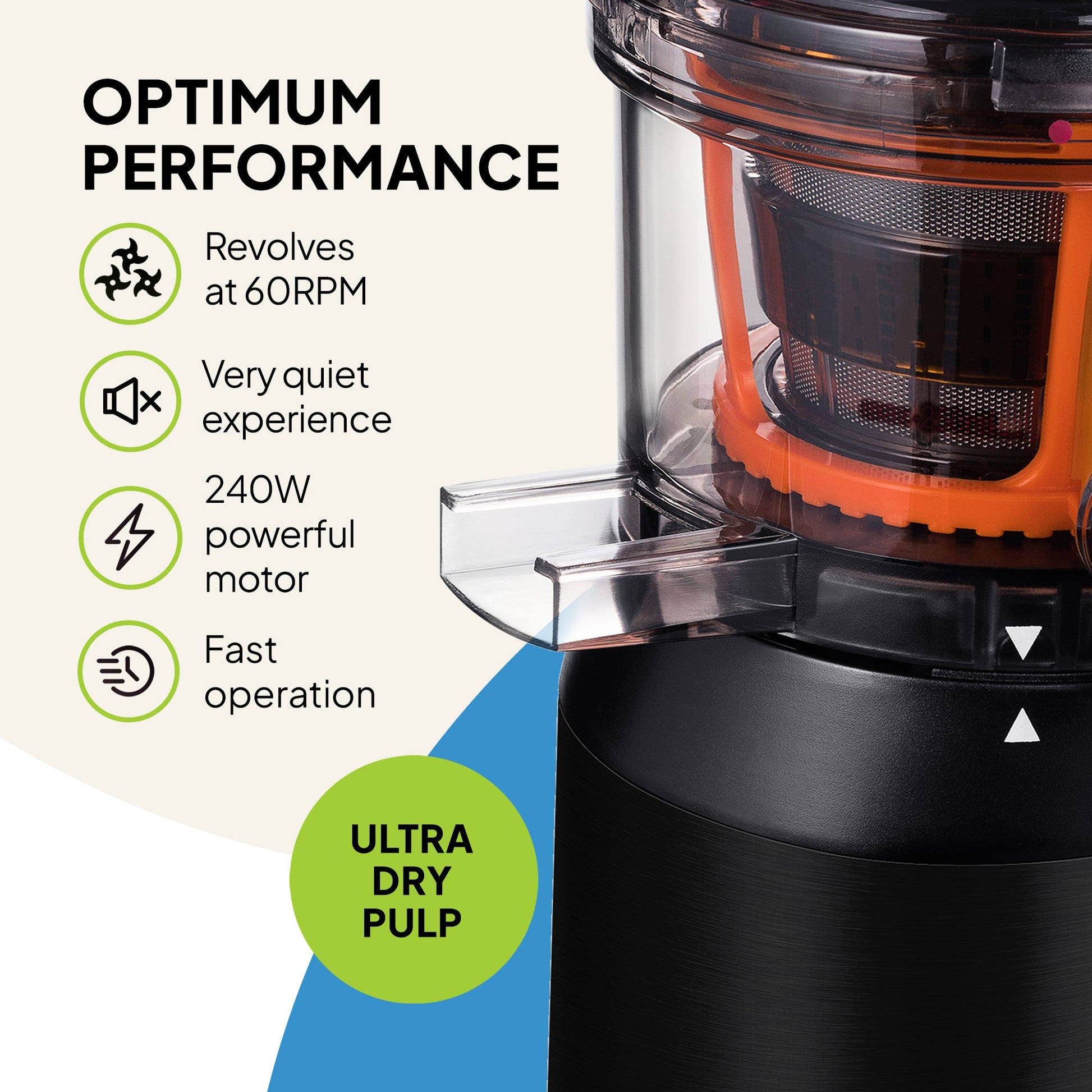 Close-up of the Fridja Kitchen Trio f1900 Cold Press Juicer: Optimum performance at 60RPM, ultra quiet, 240W powerful motor for fast juicing. Green label shows "Ultra dry pulp". Orange and black juicer parts are visible.