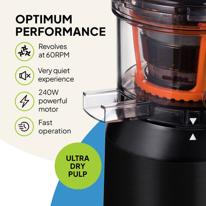 Close-up of the Fridja Kitchen Trio f1900 Cold Press Juicer: Optimum performance at 60RPM, ultra quiet, 240W powerful motor for fast juicing. Green label shows "Ultra dry pulp". Orange and black juicer parts are visible.