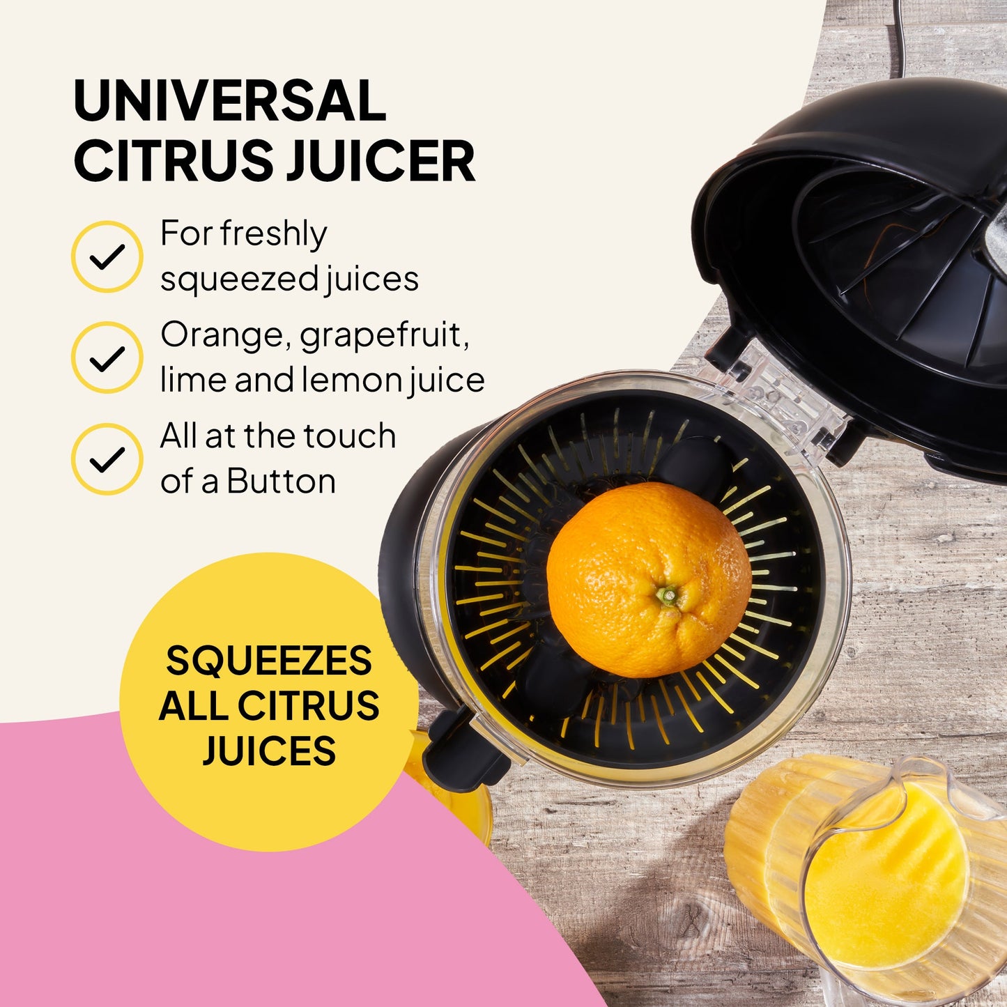 The Fridja Citrus & Juice Duo – f900 Automatic Citrus Juicer is shown from above with an orange inside and a glass of juice beside it. Text highlights its effortless one-button extraction for all citrus fruits.