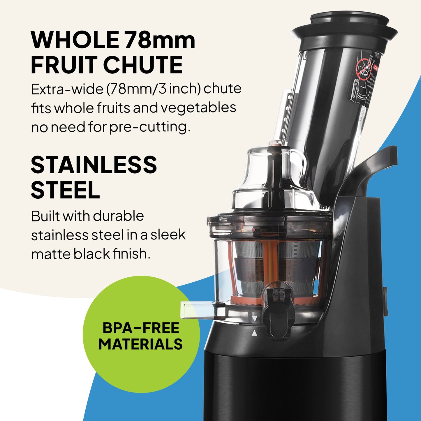 The Fridja Kitchen Trio f1900 Cold Press Juicer in sleek matte black features a wide 78mm fruit chute for whole fruits, BPA-free materials, and durable stainless steel parts. Extra-wide chute design makes juicing fast and convenient.