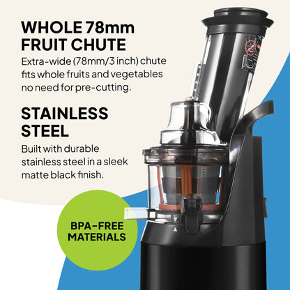 The Fridja Kitchen Trio f1900 Cold Press Juicer in sleek matte black features a wide 78mm fruit chute for whole fruits, BPA-free materials, and durable stainless steel parts. Extra-wide chute design makes juicing fast and convenient.