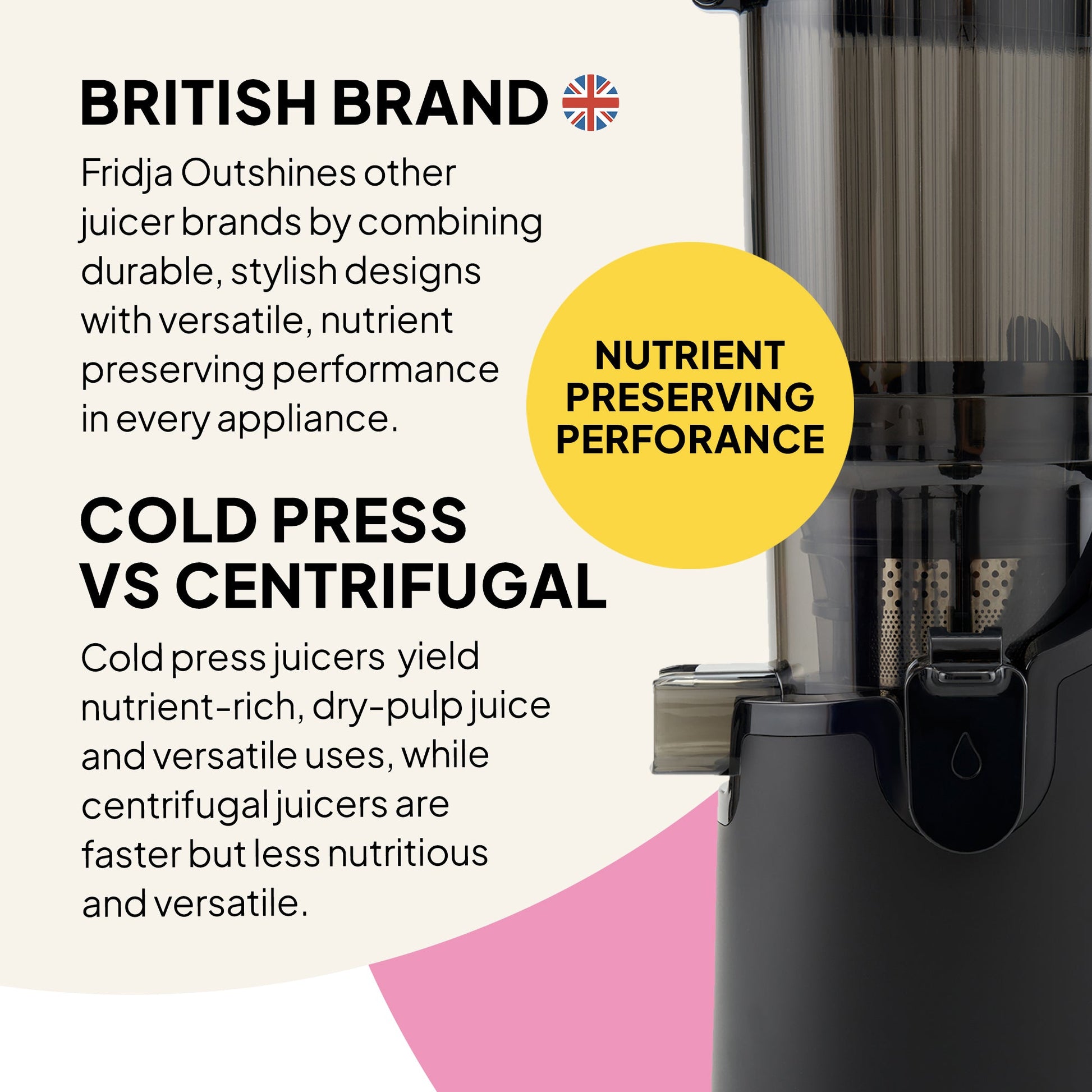 A promo image showcases the Fridja Citrus & Juice Duo – f800 Automatic Citrus Juicer & f2500 Self-Feeding Juicer, highlighting nutrient-preserving British brand quality and fresher juice vs. centrifugal juicers.