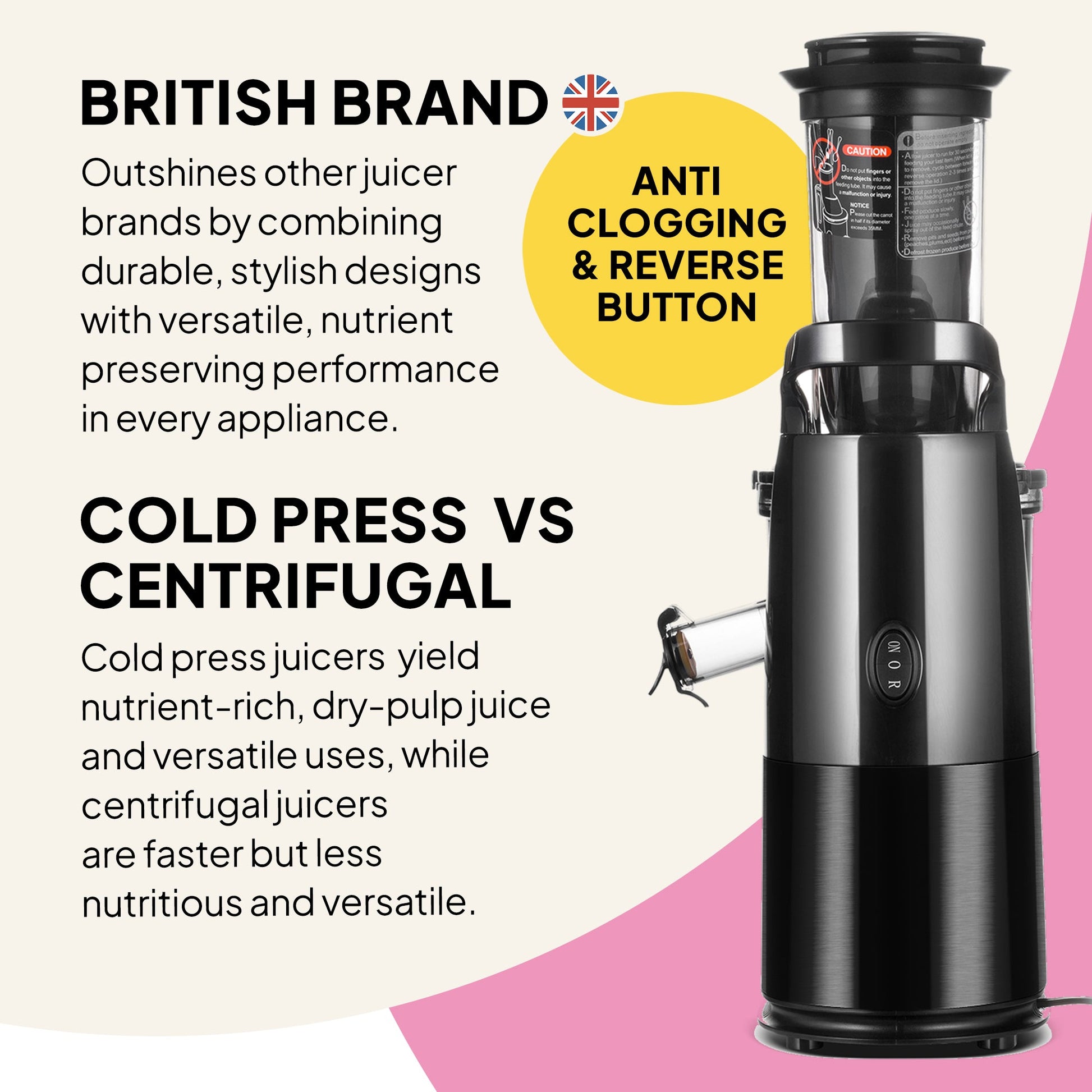 The Fridja Kitchen Trio—f500 Portable Blender, f800 Citrus Juicer, and f1900 Cold Press Juicer—features British design, anti-clogging with reverse button, and a cold press vs centrifugal juicer comparison on a cream-pink backdrop.
