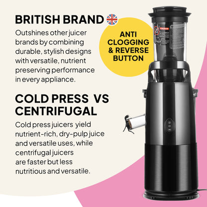 The Fridja Kitchen Trio—f500 Portable Blender, f800 Citrus Juicer, and f1900 Cold Press Juicer—features British design, anti-clogging with reverse button, and a cold press vs centrifugal juicer comparison on a cream-pink backdrop.