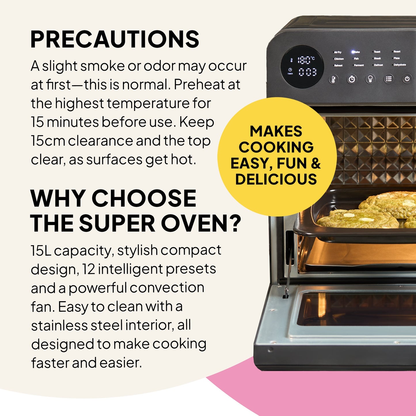 The Fridja f66 Super Oven – 15L Digital Air Fryer Oven showcases food inside, safety tips, convection cooking, multiple presets, easy cleaning, and is PFAS free. A yellow circle says: Makes cooking easy, fun & delicious.