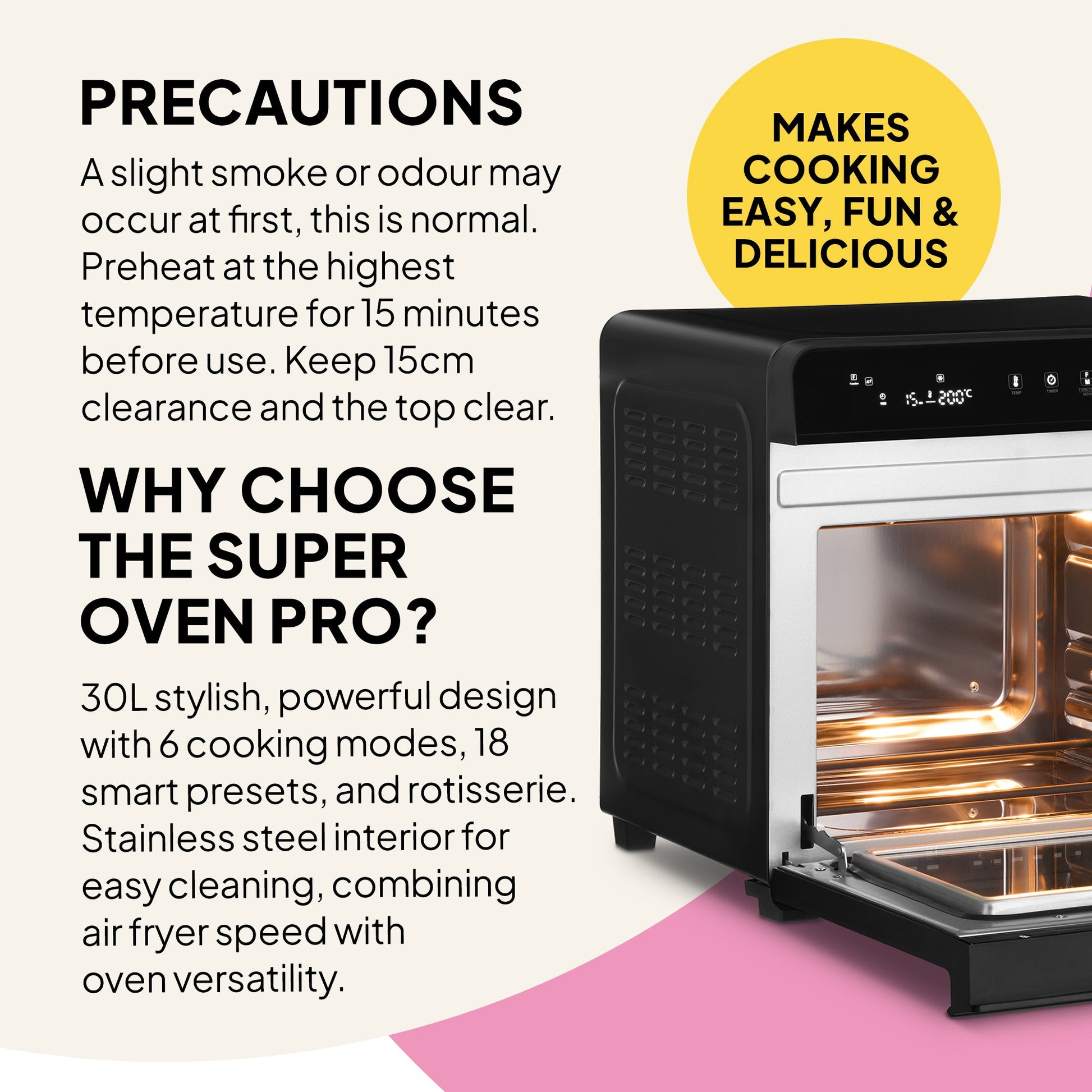 The Fridja f77 Super Oven Pro 30L Digital Air Fryer Oven is shown with its door open on a pink and beige background, highlighting 6 cooking modes, a stainless steel interior, easy cleaning, and a PFAS-free design for safe cooking.