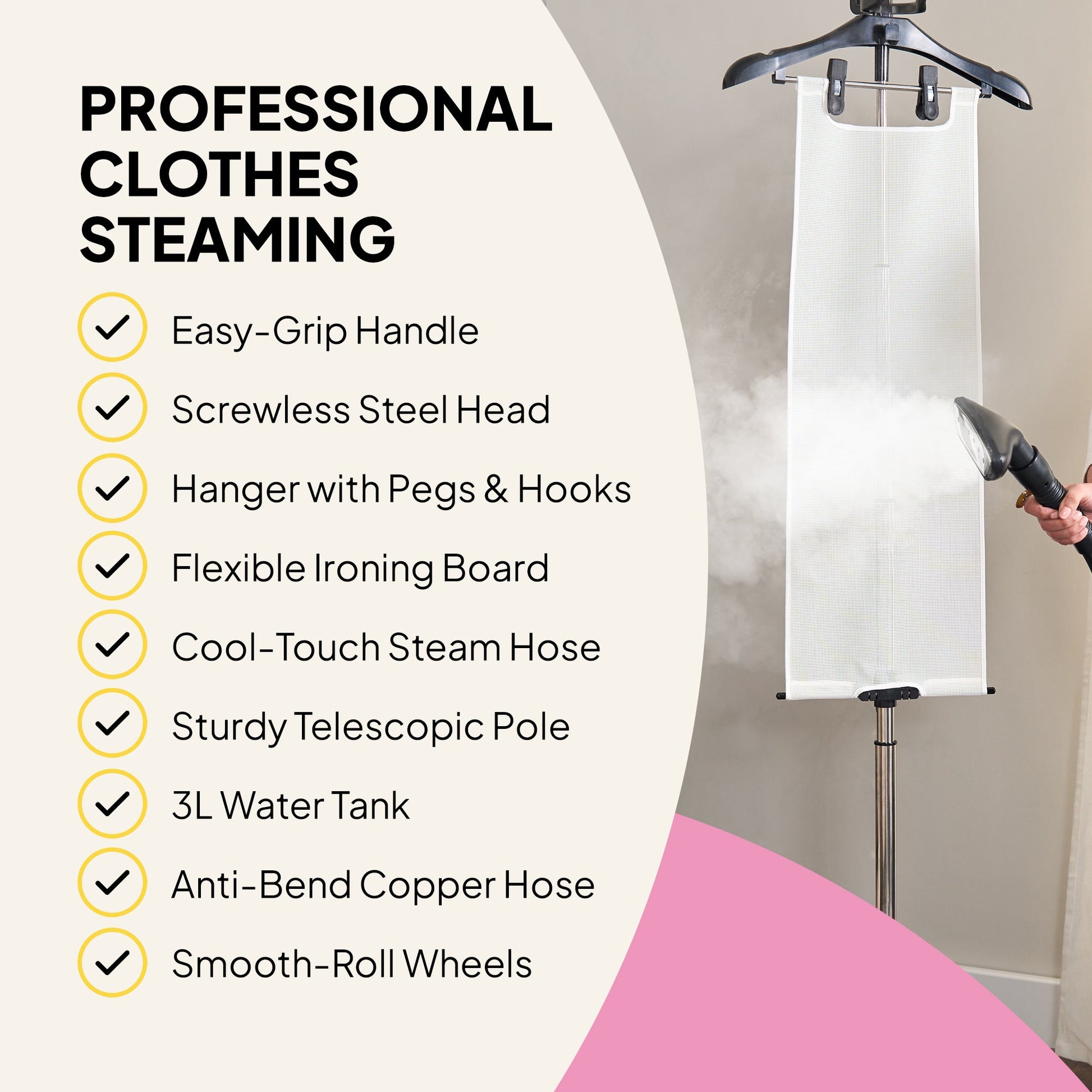 A person uses the Fridja Garment Care Pro Duo – f1200 Clothes Steamer Pro & f40 Fabric Shaver for easy garment care, featuring an ironing board attachment, easy-grip handle, steel head, pegs, hooks, steam hose, telescopic pole, 3L tank, copper hose, and wheels.