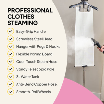 A person uses the Fridja Garment Care Pro Duo – f1200 Clothes Steamer Pro & f40 Fabric Shaver for easy garment care, featuring an ironing board attachment, easy-grip handle, steel head, pegs, hooks, steam hose, telescopic pole, 3L tank, copper hose, and wheels.