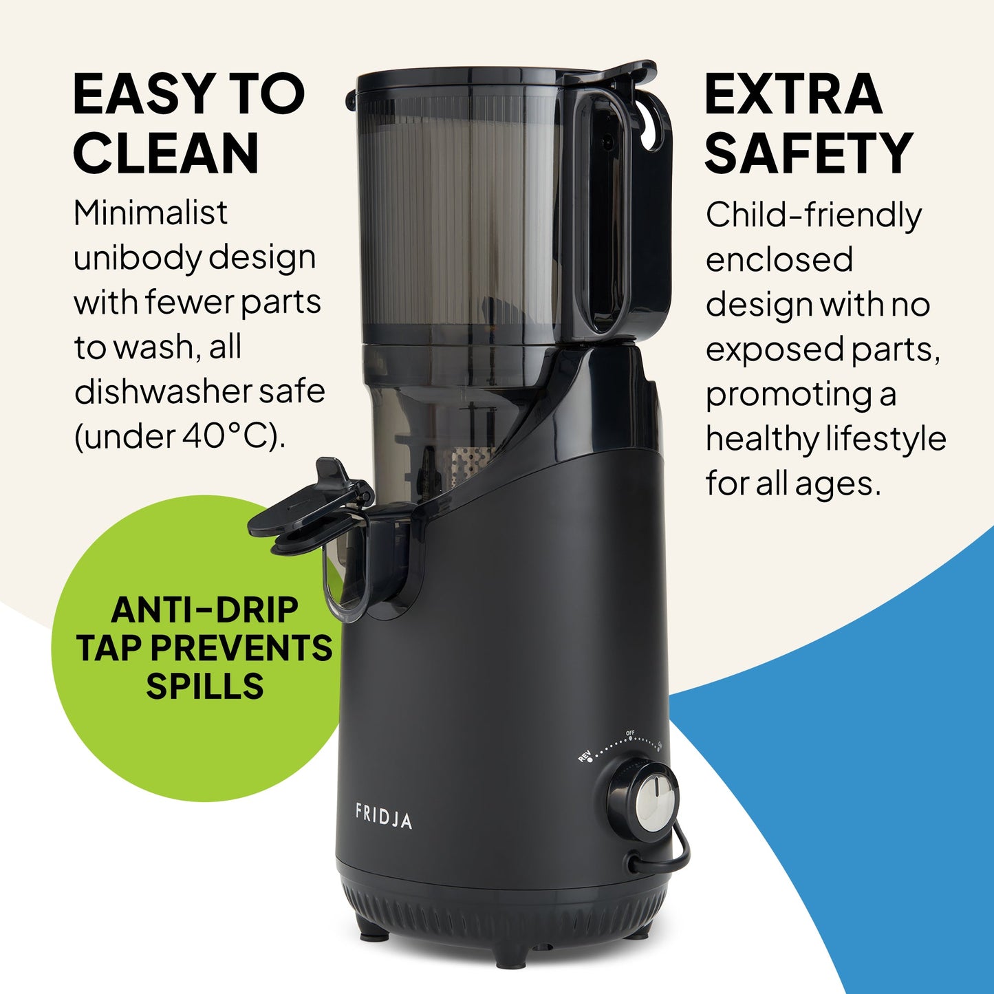 The Fridja Citrus & Juice Duo – f800 Automatic Citrus Juicer & f2500 Self-Feeding Juicer in black with a transparent top is shown, featuring easy cleaning, extra safety, minimalist design, dishwasher safety, anti-drip tap, and child-friendly enclosure.