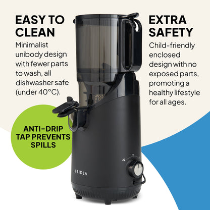 The Fridja Citrus & Juice Duo – f800 Automatic Citrus Juicer & f2500 Self-Feeding Juicer in black with a transparent top is shown, featuring easy cleaning, extra safety, minimalist design, dishwasher safety, anti-drip tap, and child-friendly enclosure.