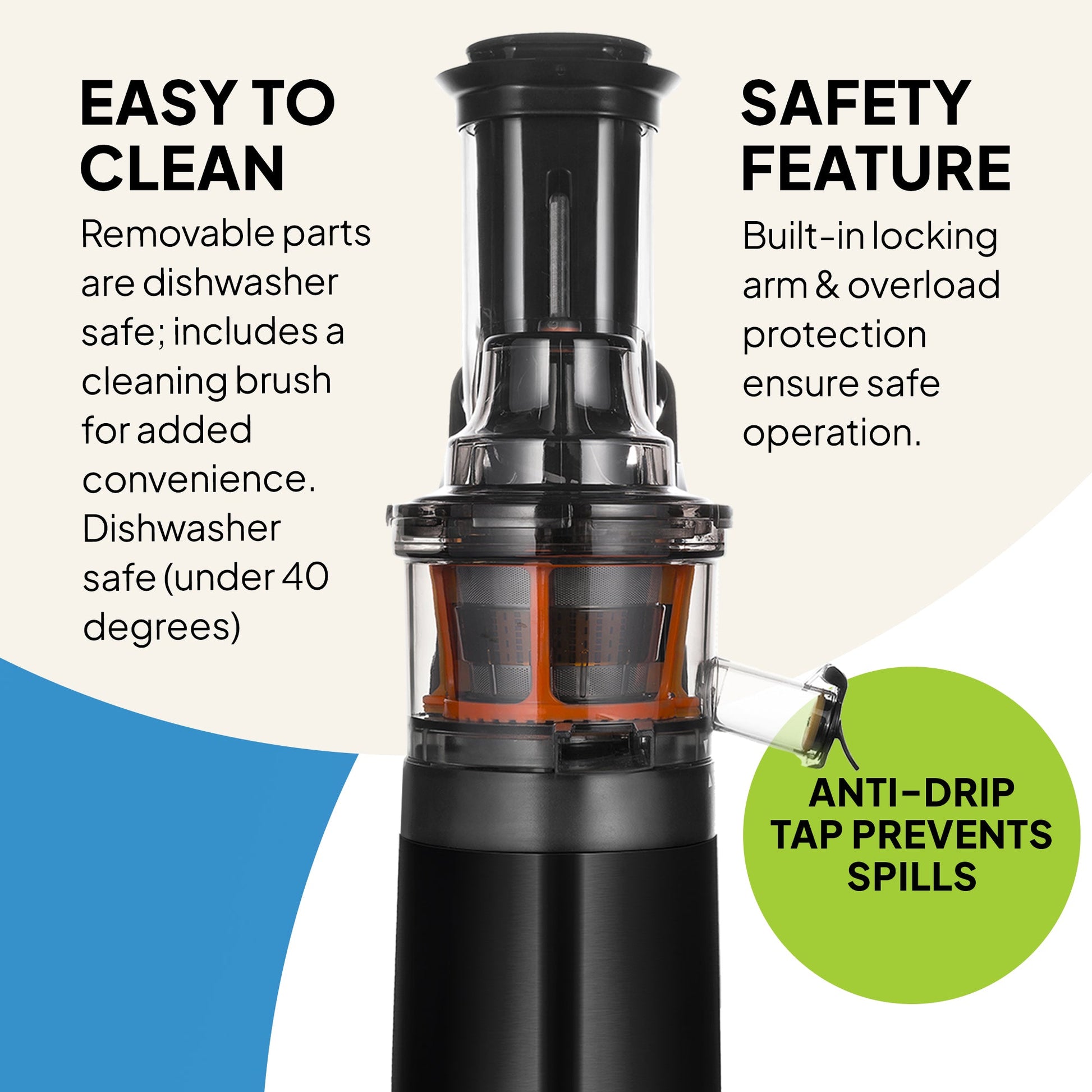 The Fridja Kitchen Trio f1900 Cold Press Juicer features a transparent top, orange interior, black base, dishwasher-safe parts, cleaning brush, safety lock, overload protection, and anti-drip tap.