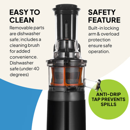 The Fridja Kitchen Trio f1900 Cold Press Juicer features a transparent top, orange interior, black base, dishwasher-safe parts, cleaning brush, safety lock, overload protection, and anti-drip tap.