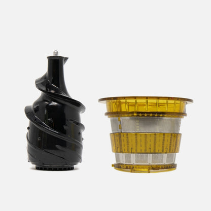 The Fridja f1900 Juice Strainer and Auger, featuring a black auger and yellow mesh strainer, are shown side by side on a plain white background.