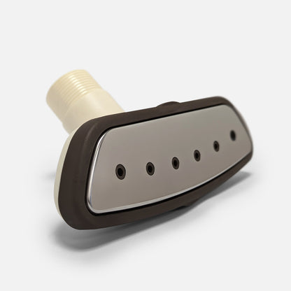 A close-up of the Fridja f1200 Steamer Head displays its sleek chrome face with six nozzles and a white angled connector, making it an ideal shower replacement, set against a plain white background.