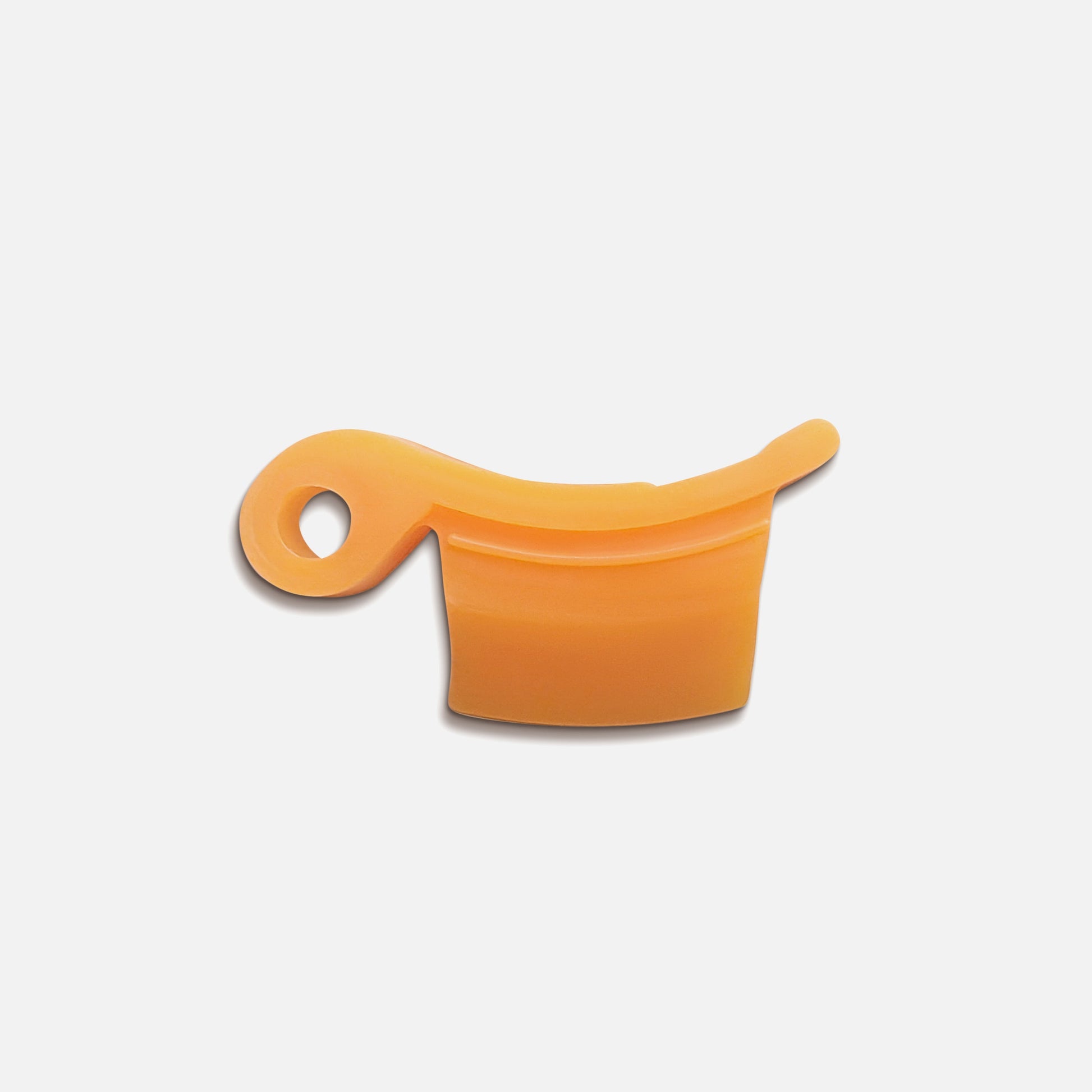 The Fridja f1900 Silicone Plug is an orange plastic accessory with a curved, flat body and a round hole at one end, designed for juicer maintenance, shown on a plain white background.