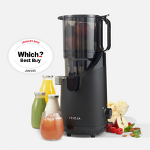Fridja f2500 Self Feeding Whole Fruit Juicer in matte black, included in the Complete Kitchen
