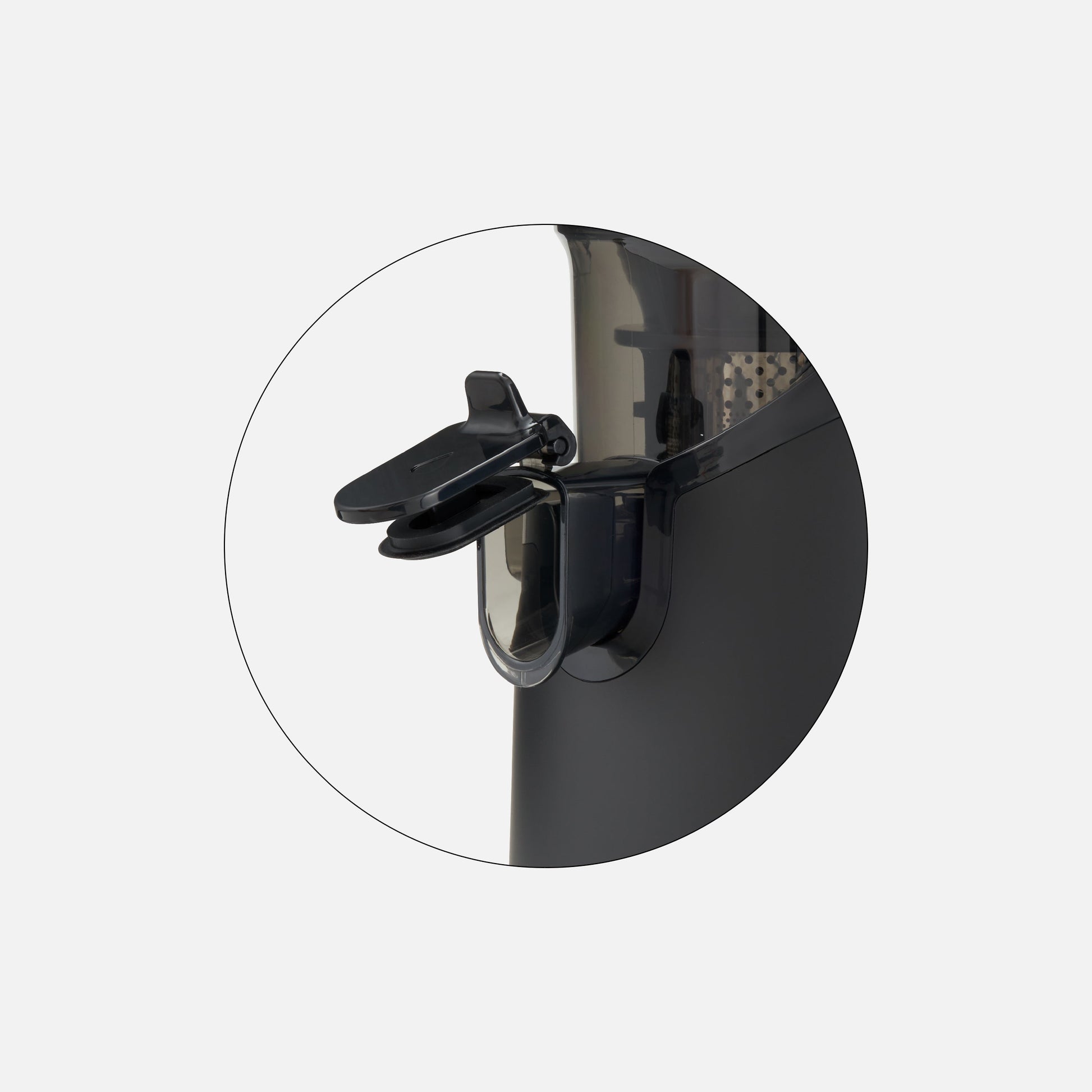 Close-up of the Fridja f2500 Anti Drip Tap’s black and transparent spout and anti-drip cap, set against a plain light gray background.