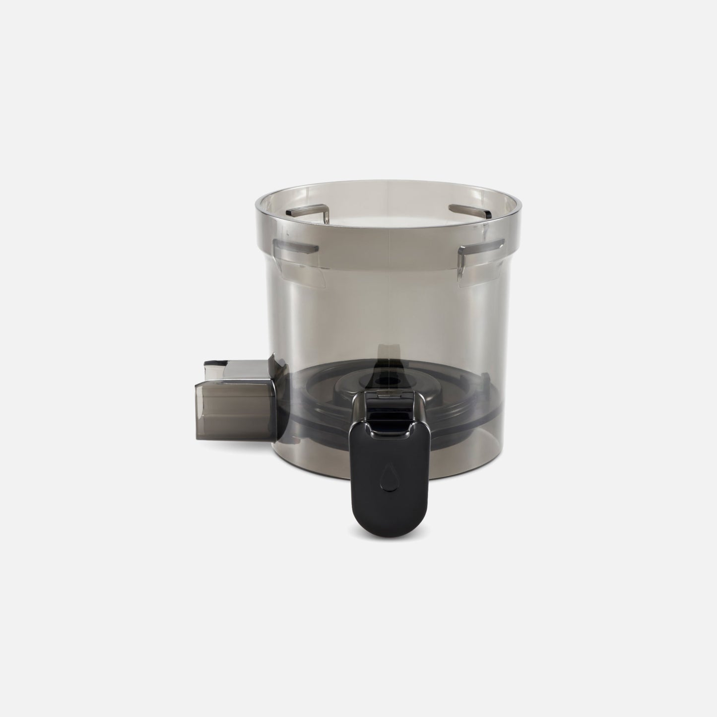 The Fridja f2500 Bowl With Anti Drip Tap is a transparent, round plastic bowl with a spout and black handle, designed for Self Feeding Whole Fruit Juicers, shown against a plain white background.