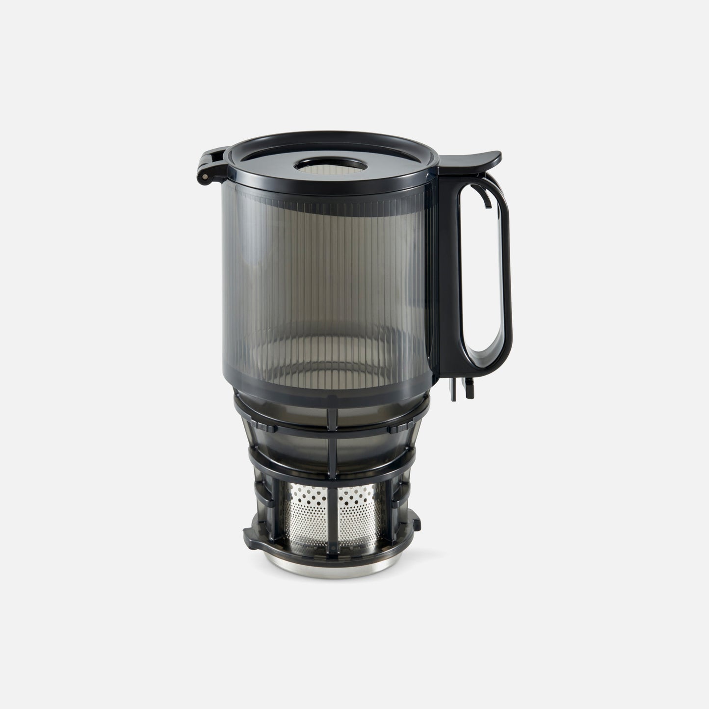 The Fridja f2500 Top Juicing Unit is a black and transparent plastic pitcher with a handle and built-in metal mesh juice strainer, ideal for brewing or filtering drinks, shown on a plain white background.