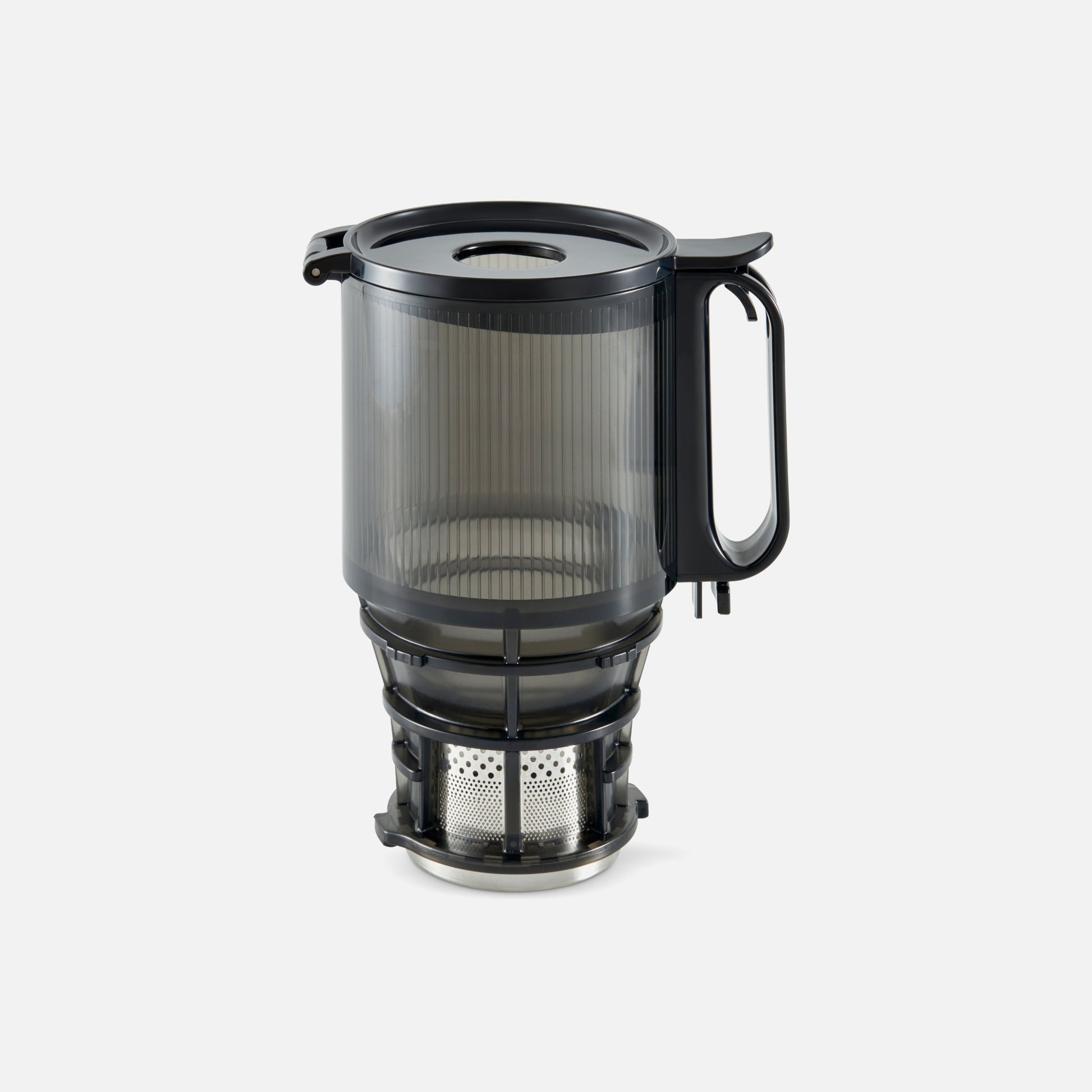 The Fridja f2500 Top Juicing Unit is a black and transparent plastic pitcher with a handle and built-in metal mesh juice strainer, ideal for brewing or filtering drinks, shown on a plain white background.