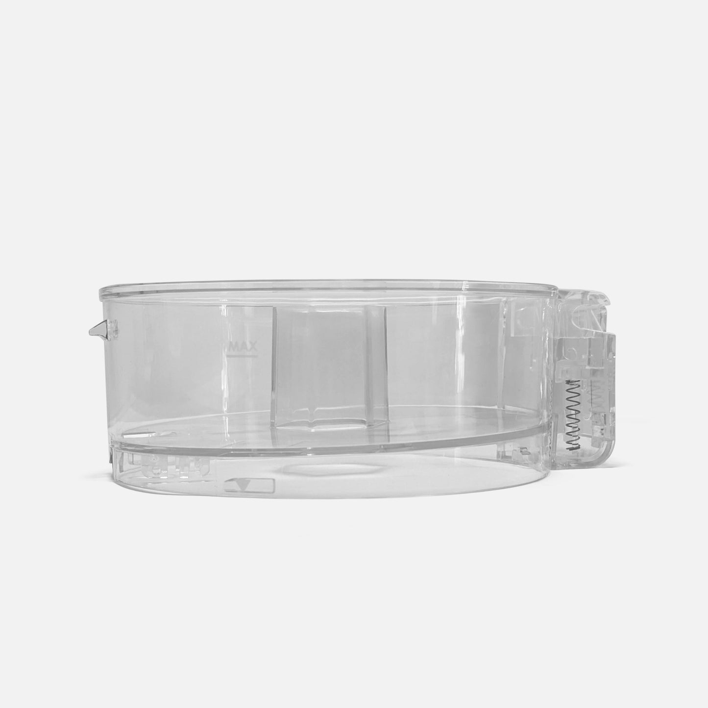 The Fridja f900 Bowl is a transparent, cylindrical Tritan plastic container with measurement markings and a right-side handle, compatible with the Automatic Citrus Juicer, shown against a plain white background.