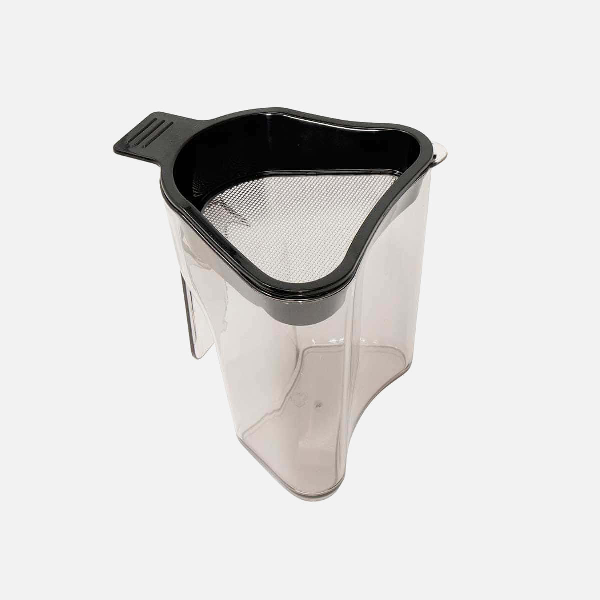 The Fridja f1900 Pulp Sieve Filter is a transparent, triangular kitchen container with a black rim, built-in pulp sieve filter, fine mesh top strainer, and corner handle. Shown on a plain white background.